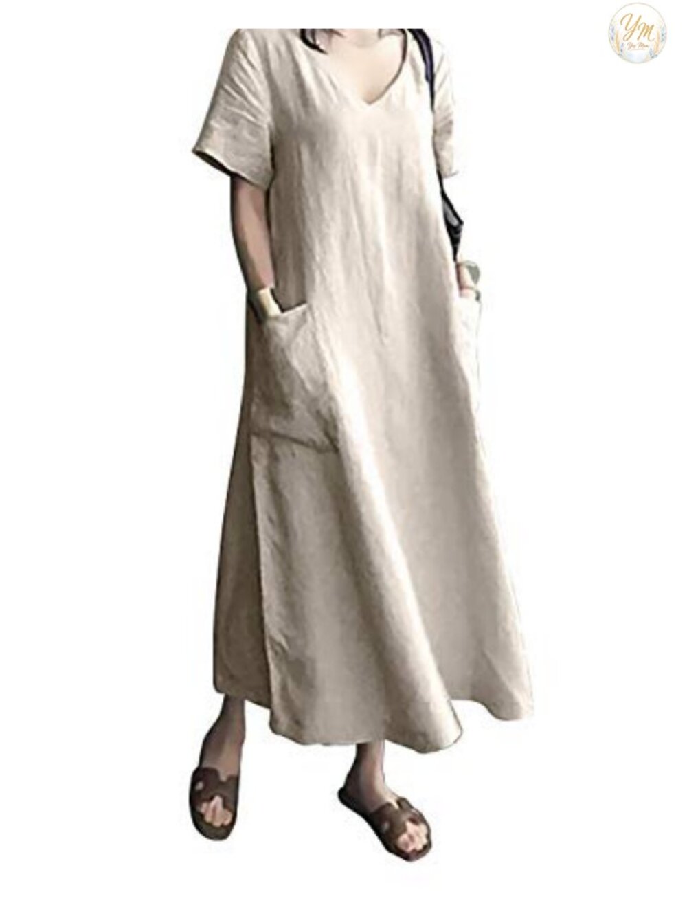 Linen Cotton Kaftan Maxi Dress V Neck Short Sleeve Side Pockets